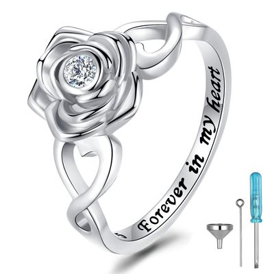 ZOEXUE Rose Heart Cremation Urn Ring for Ashes 925 Sterling Silver Forever in My Heart Memorial Keepsake Rings for Women Infinity Jewelry Holds Human Pet Ashes Sympathy Gift Size 5