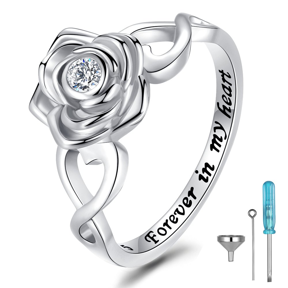 ZOEXUE Rose Heart Cremation Urn Ring for Ashes 925 Sterling Silver Forever in My Heart Memorial Keepsake Rings for Women Infinity Jewelry Holds Human Pet Ashes Sympathy Gift Size 5