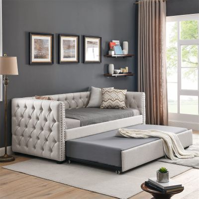 Bellemave Twin Upholstered Daybed with Trundle Tufted Button Mid Century Day Bed Frame Living Room Sofa Bed with Wood Slats, Twin Size, Beige, Beige Linen