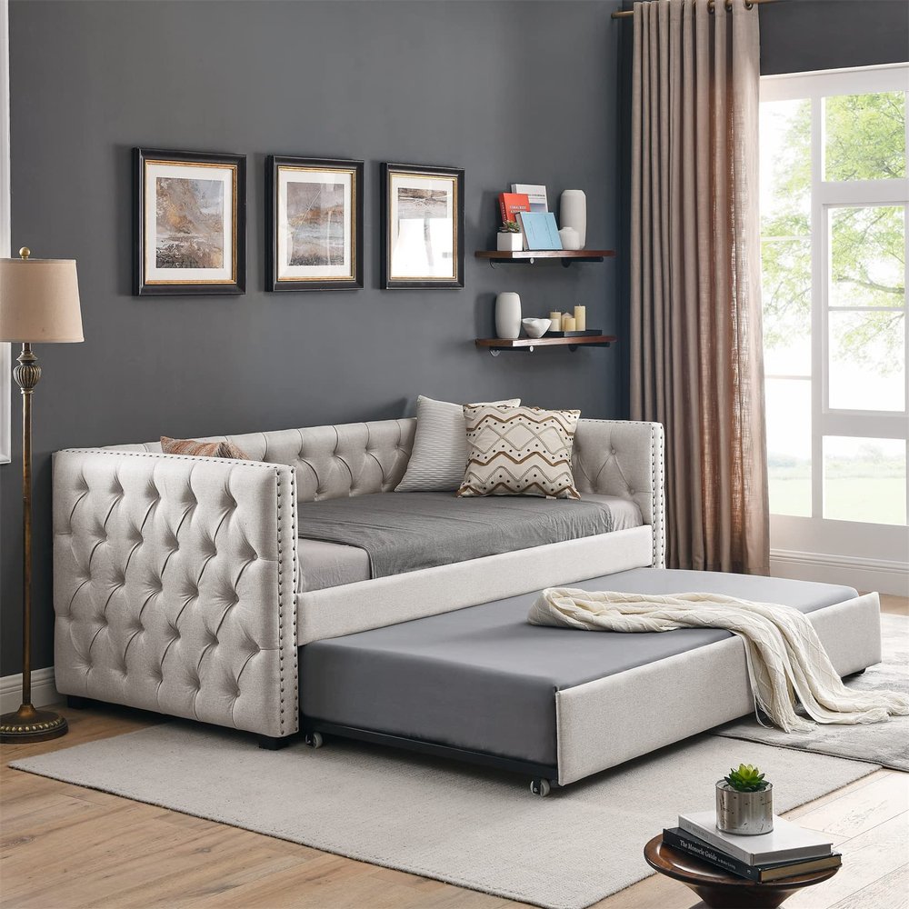 Bellemave Twin Upholstered Daybed with Trundle Tufted Button Mid Century Day Bed Frame Living Room Sofa Bed with Wood Slats, Twin Size, Beige, Beige Linen