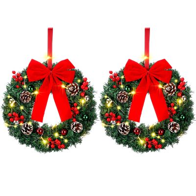 Jetec Christmas Wreaths Lighted Artificial Door Adorned Christmas Wreath with Red Bow Pine Cones Berries Outdoor Prelit Xmas for Front Door Window Holiday Decor(Pure Red,2 Pcs)