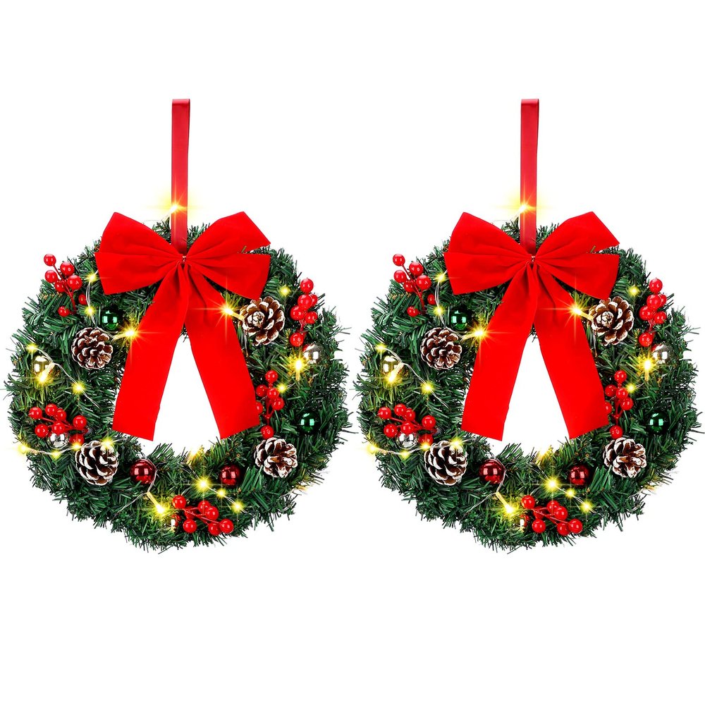 Jetec Christmas Wreaths Lighted Artificial Door Adorned Christmas Wreath with Red Bow Pine Cones Berries Outdoor Prelit Xmas for Front Door Window Holiday Decor(Pure Red,2 Pcs)