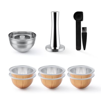 BENFUCHEN Stainless Steel Reusable Vertuo Capsule Compatible With VERTUO NEXT+EMPTY Refillable Alumium-VERTUO-Pods-80+150+230ml Each 2 Pcs +Coffee Tamper ForNespressoVertuoNext Reusable Pods