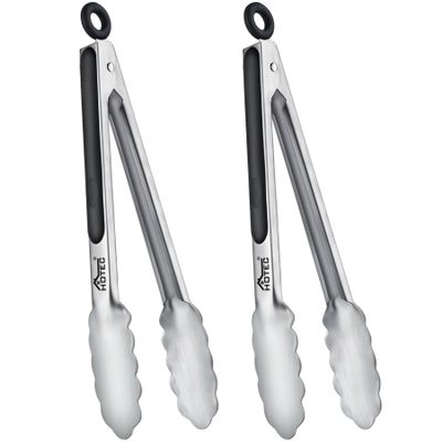 Hotec Stainless Steel Kitchen Tongs, Locking Metal Food Tongs for Cooking, Serving, BBQ, Grill & Air Fryer with Non-Slip Grip, Set of 2-9"
