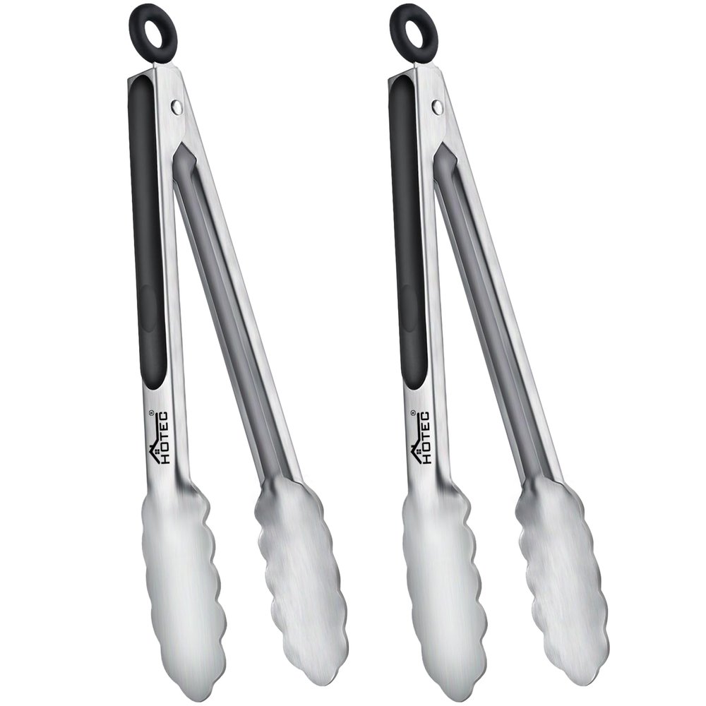 Hotec Stainless Steel Kitchen Tongs, Locking Metal Food Tongs for Cooking, Serving, BBQ, Grill & Air Fryer with Non-Slip Grip, Set of 2-9"
