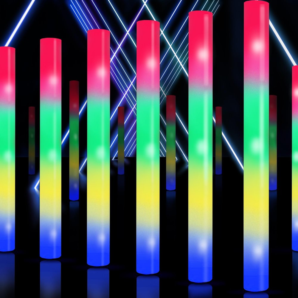 100 Pcs 18-inch Foam Glow Sticks Bulk, 4 Color LED Light Foam Sticks