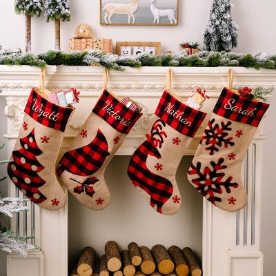 BFYDOAA Christmas Stockings 4 Pack, 18 Inch Red Black Buffalo Plaid Christmas Stockings with Reindeer, Snowflakes, Christmas Tree Pattern, Fireplace Hanging Stockings for Holiday Party Decoration