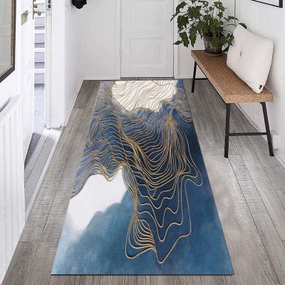 GRAPKS Long Carpet Runners with Non Slip Backing, Decorative Hallways Rug Runners, Easy to Clean Non-Slip Door Mat 1m/2m/3m/4m/5m/6m Long Blue/Gold (Size : 3.3 ft x 8.2 ft)