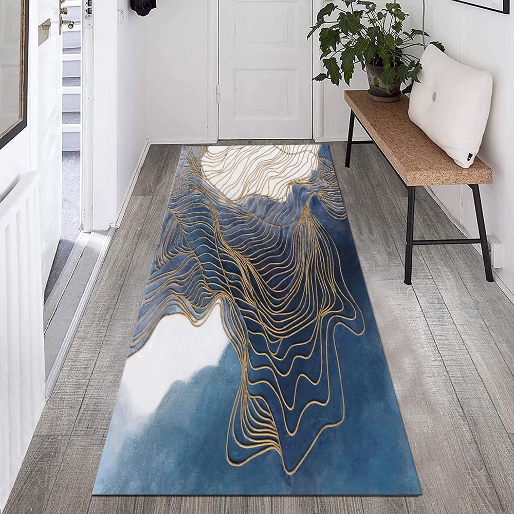GRAPKS Long Carpet Runners with Non Slip Backing, Decorative Hallways Rug Runners, Easy to Clean Non-Slip Door Mat 1m/2m/3m/4m/5m/6m Long Blue/Gold (Size : 3.3 ft x 8.2 ft)