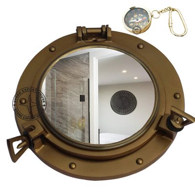 12 Inch Vintage and Antique Style Decorative Round Brass Porthole Wall Mirrors for Bedroom, Living Room Pirate's Boat Decorative Mirror Captain's Maritime Beach Home Decor & Gifts