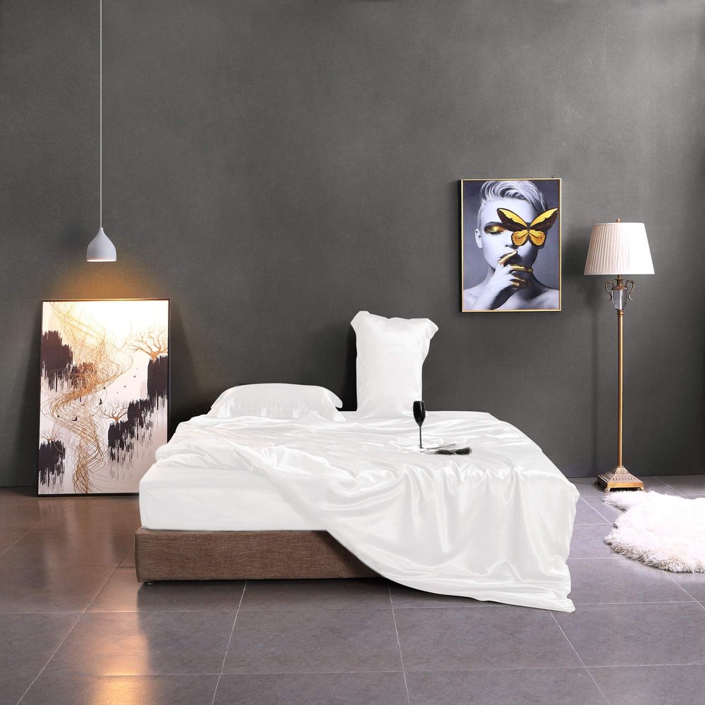 All Star Linen 100% Silk Satin Zipper Closure Super King 120X120 Duvet Cover White Comforter Cover 3 Piece
