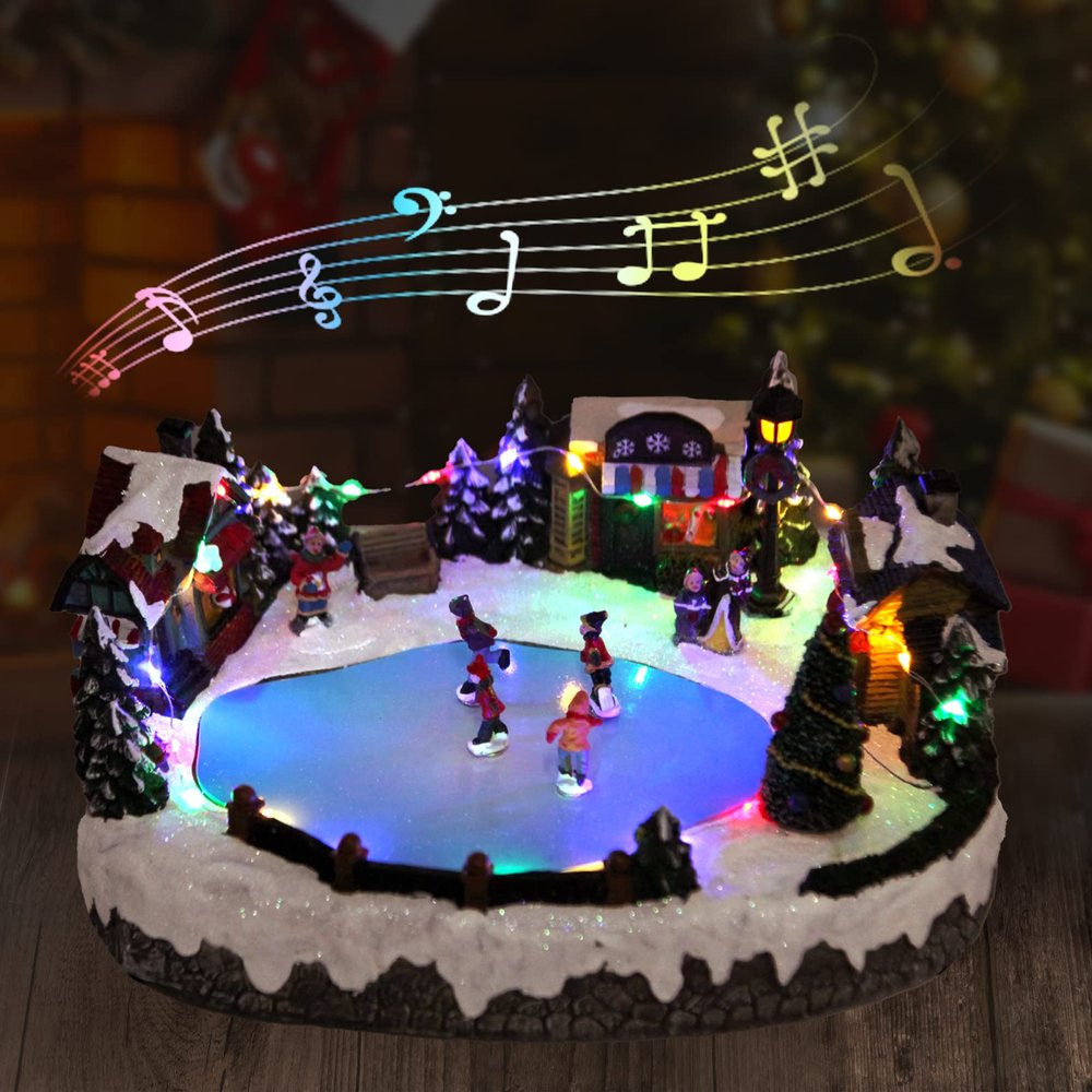 TOYESUNA Christmas Decoration Musical Snow Village Figurines Display Skating Pond Christmas Snow Globe Aldea De Navidad with 8 Music for Kids Gift Christmas Decor Home Decoracin De Escritorio Large