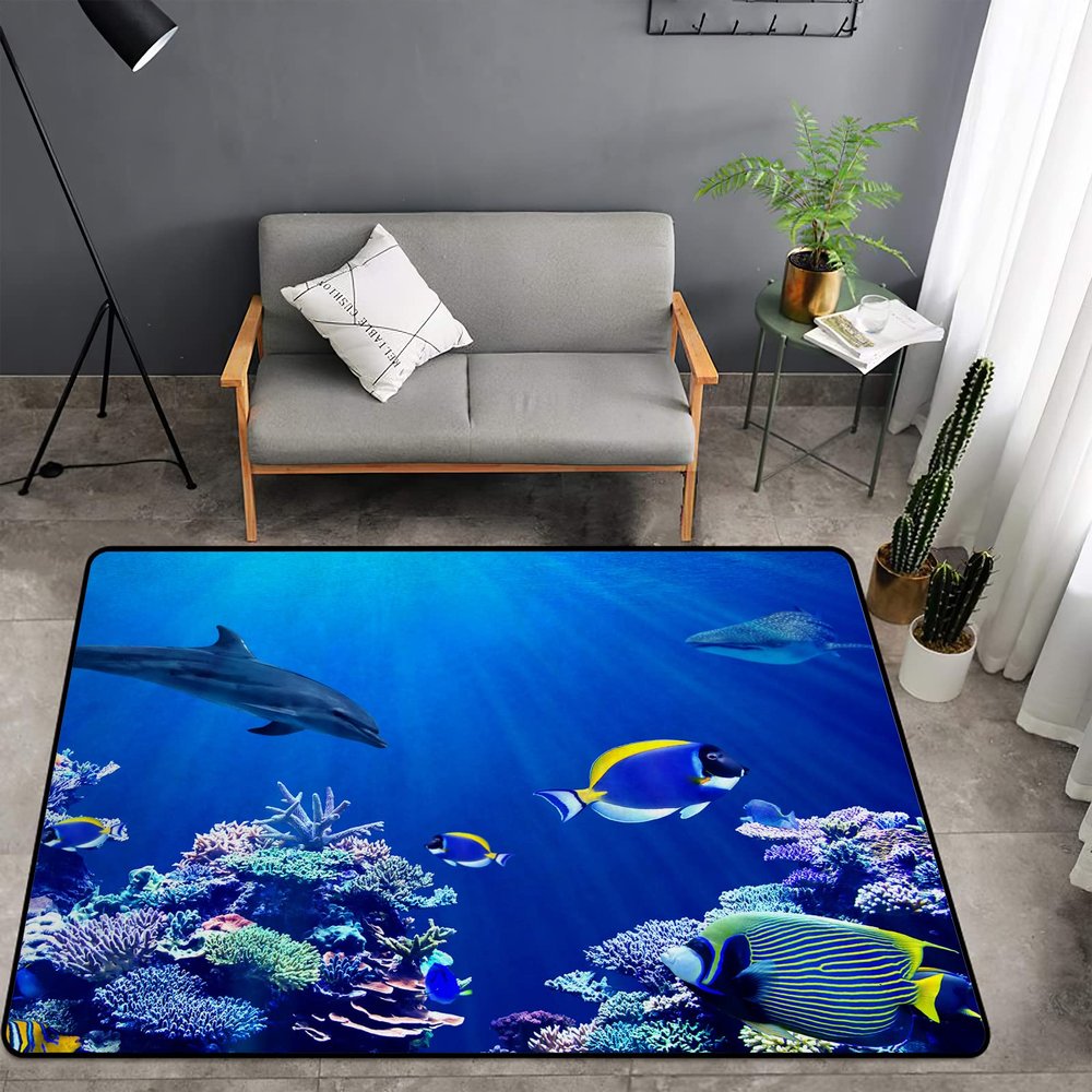 Washable Area Sponge Rug Mat for Kids Girls Bedroom Living Room Ocean, Underwater Sea Coral Dolphin Tropical Fish Non-Slip Carpet Super Soft Extra Thick Bathroom Dorm Home Indoor Small Floor Rugs