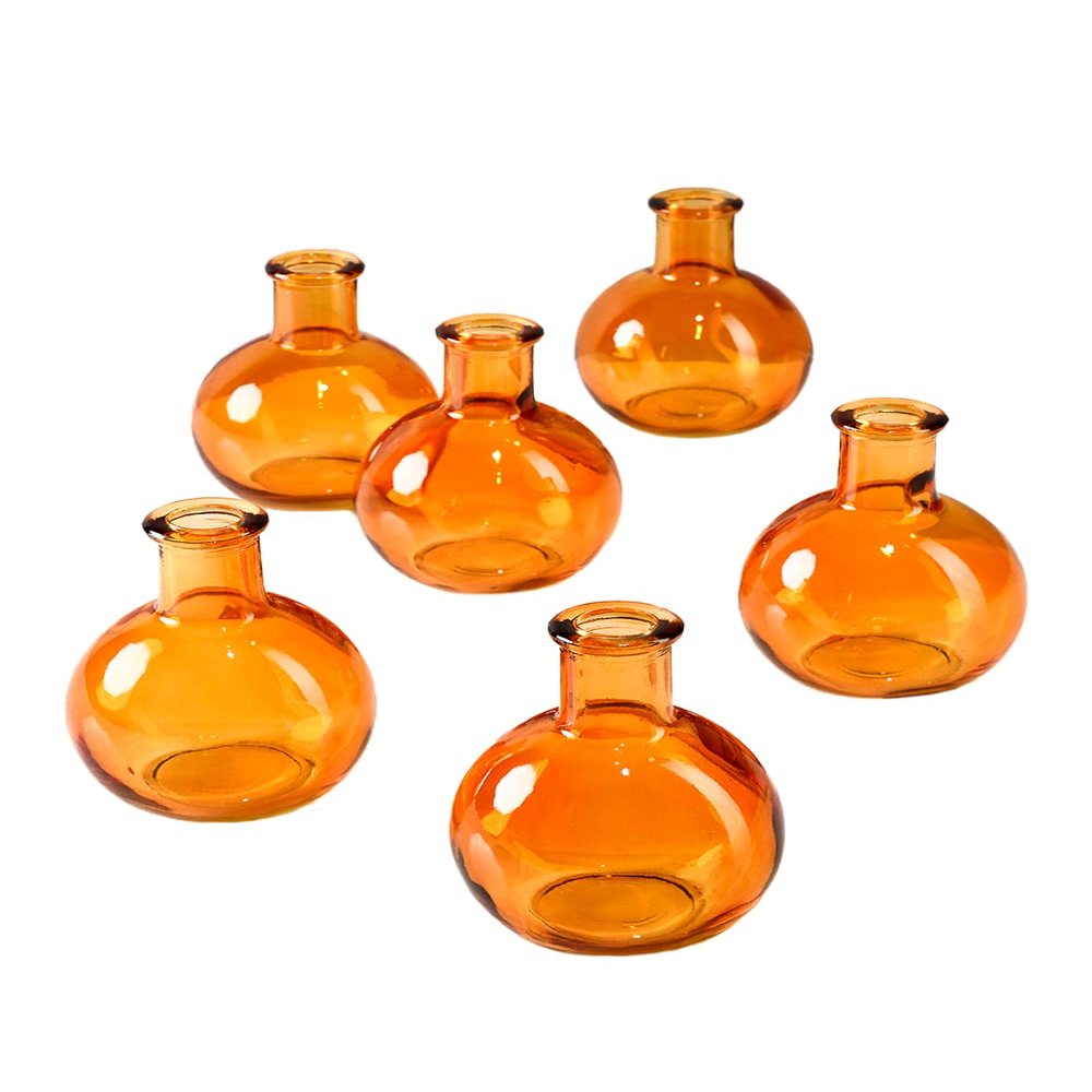 Serene Spaces Living Set of 36 Small Amber Ball Bud Vase, Vintage Glass Bottle Vases for Weddings, Events, Parties, Floral Centerpieces for Home Decor, Measures 3" Diameter & 4" Tall