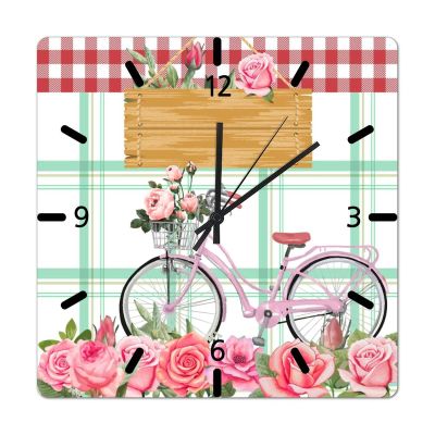 Bike with Basket Pink Rose Wood Wall Clock 12in Pink Bicycle Flower Hanging Clock Shabby Chic Silent Battery Operated Holiday Party Gift Funny Novelty Artwork for Home Bedroom Hotel Motorhomes
