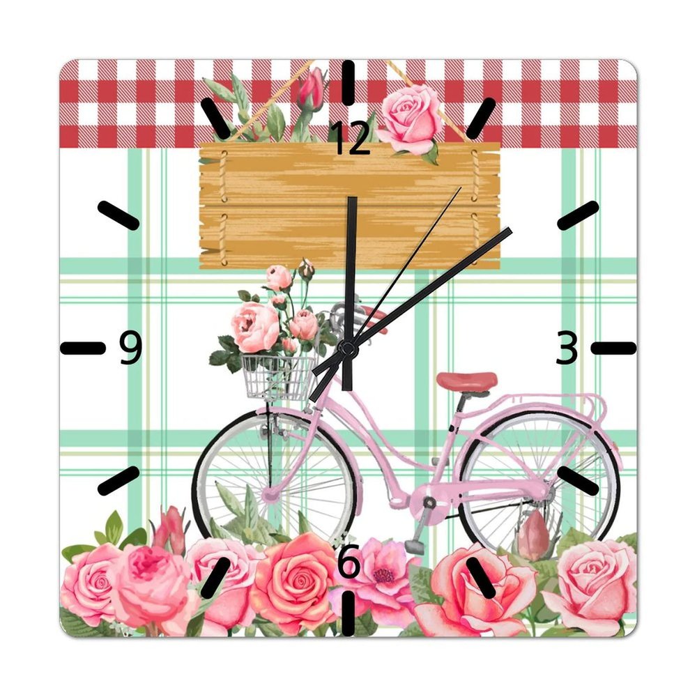 Bike with Basket Pink Rose Wood Wall Clock 12in Pink Bicycle Flower Hanging Clock Shabby Chic Silent Battery Operated Holiday Party Gift Funny Novelty Artwork for Home Bedroom Hotel Motorhomes