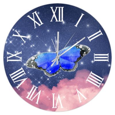 Blue Butterfly Pink Clouds Wall Clock 12in Roman Numerals Wood Wall Clock Silent Battery Operated Sayings Decor Wall Art Antique Art for Master Room Nursing Home Porch Man Cave Farmhouse