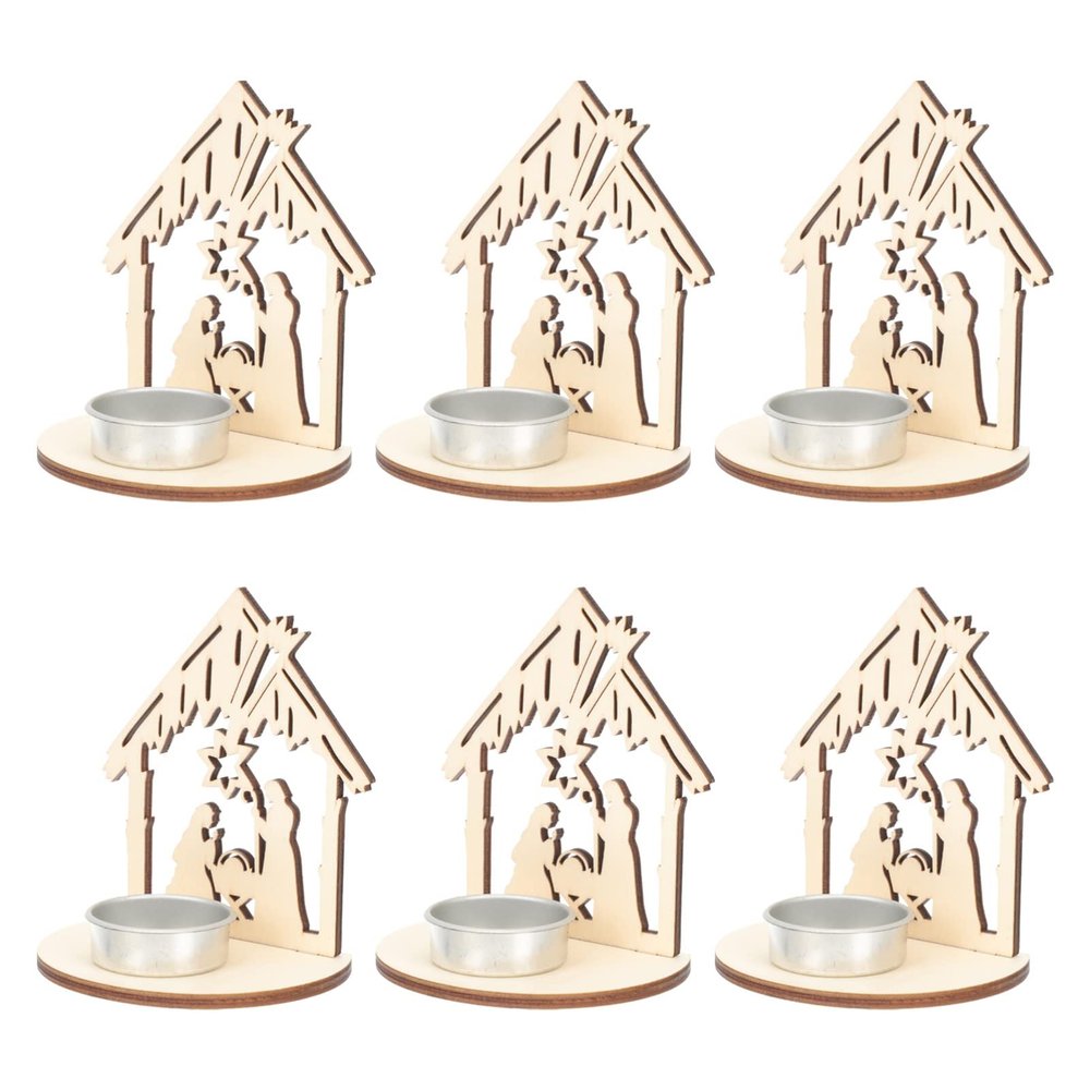 6pcs Christmas Wood Candleholder for Tabletop Decoration Beige