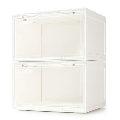 SupBro Collection Crate - Easy Access Storage Shoes Box -Plastic Foldable Stackable Sneaker Display Storage with Clear Side Open Door Organizer-2 Pack(White)