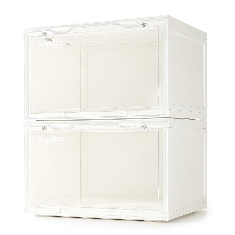 SupBro Collection Crate - Easy Access Storage Shoes Box -Plastic Foldable Stackable Sneaker Display Storage with Clear Side Open Door Organizer-2 Pack(White)