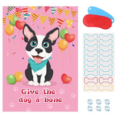 Fowecelt Pin The Bone on The Dog Party Game with 48 Pcs Bone, Blindfold, Poster & Adhesives for Kids' Dog Themed Birthday Party Supplies
