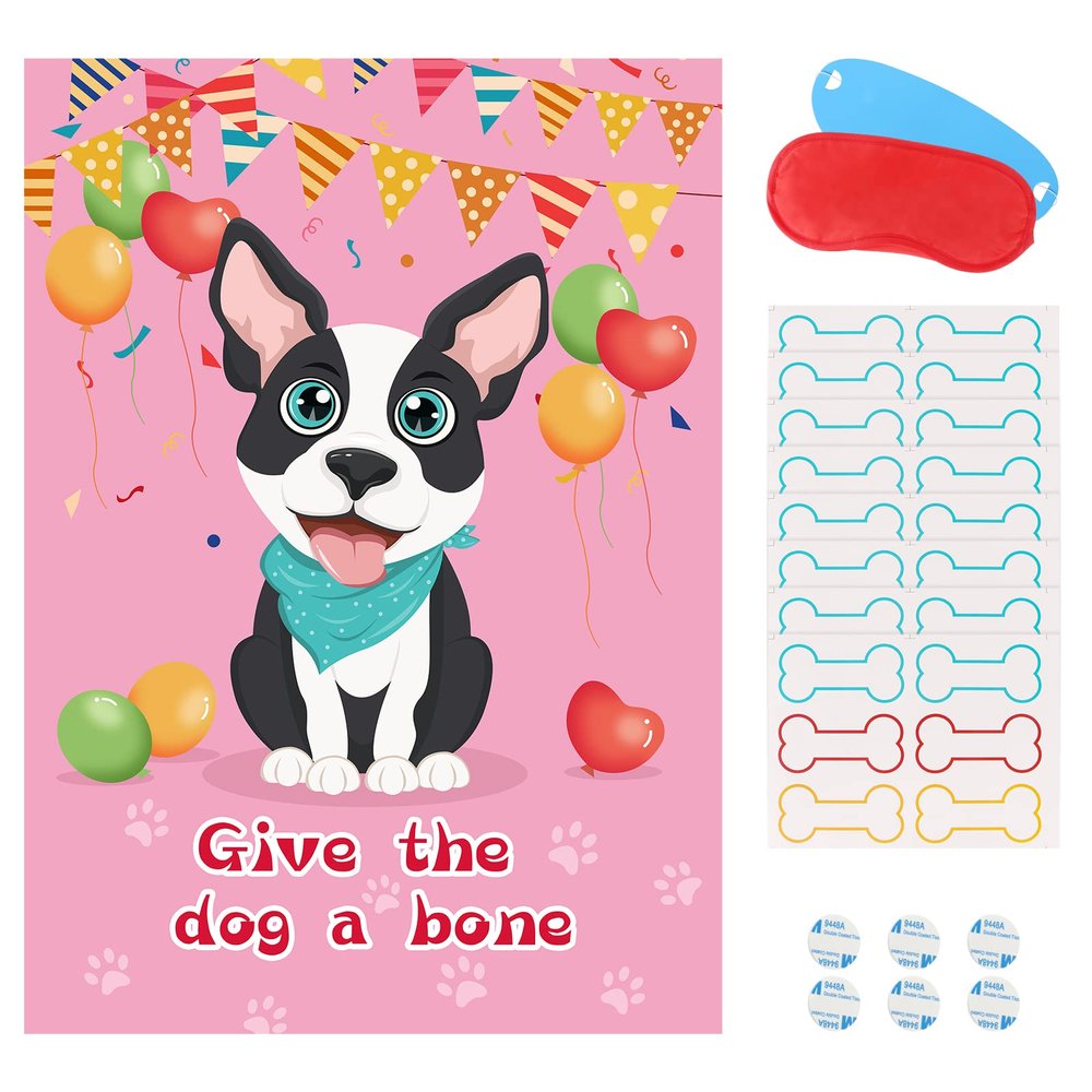 Fowecelt Pin The Bone on The Dog Party Game with 48 Pcs Bone, Blindfold, Poster & Adhesives for Kids' Dog Themed Birthday Party Supplies