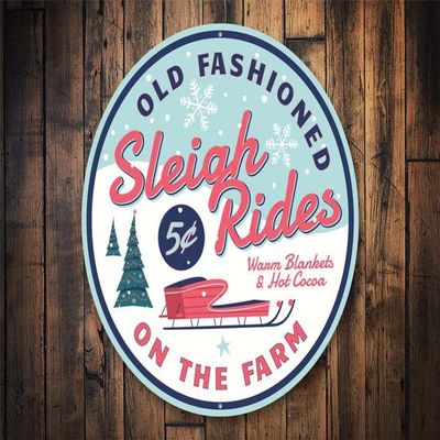 Sleigh Rides, Farm Sleigh Rides, Santas sleigh Rides, Christmas Adventure, Christmas, Claus, Christmas decor, Santas Sign - Round Vintage Retro Tin Metal Sign Outside Home Coffee Bar Wall Decor 12x12 inches