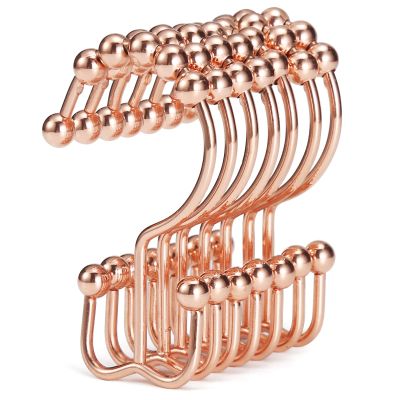 Shower Curtain Hooks, Goowin Shower Curtain Rings, Stainless Steel Shower Curtain Hooks Rust Proof Free Sliding Double Shower Hooks for Curtain, Shower Curtains & Liners (Rose Gold)