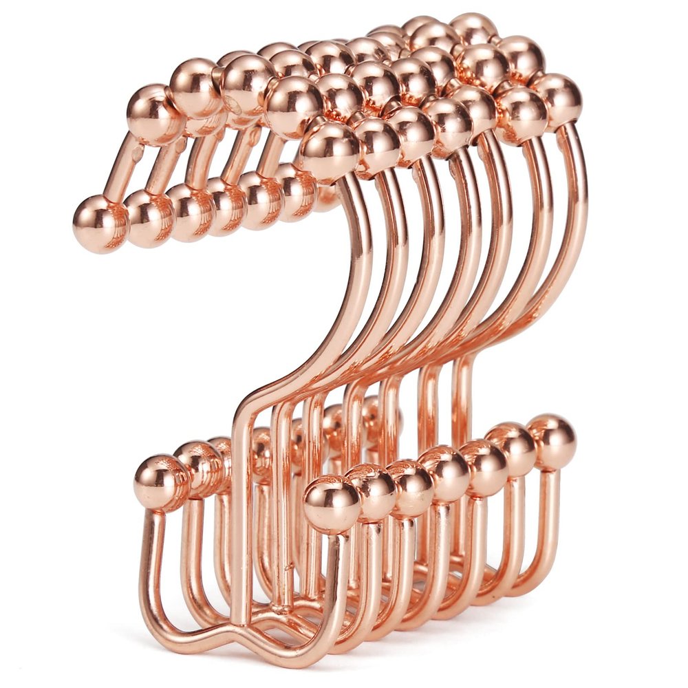 Shower Curtain Hooks, Goowin Shower Curtain Rings, Stainless Steel Shower Curtain Hooks Rust Proof Free Sliding Double Shower Hooks for Curtain, Shower Curtains & Liners (Rose Gold)