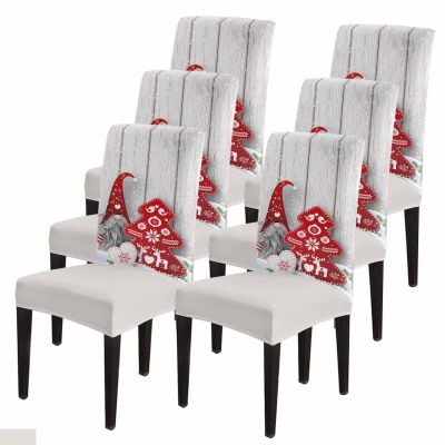 Dining Chair Slipcover, Christmas Cartoon Gnome Red Tree Wood Grain Board Winter Decoration Stretch Kitchen Chair Covers Removable Parsons Chair Protector Covers for Dining Room Party, Set of 6