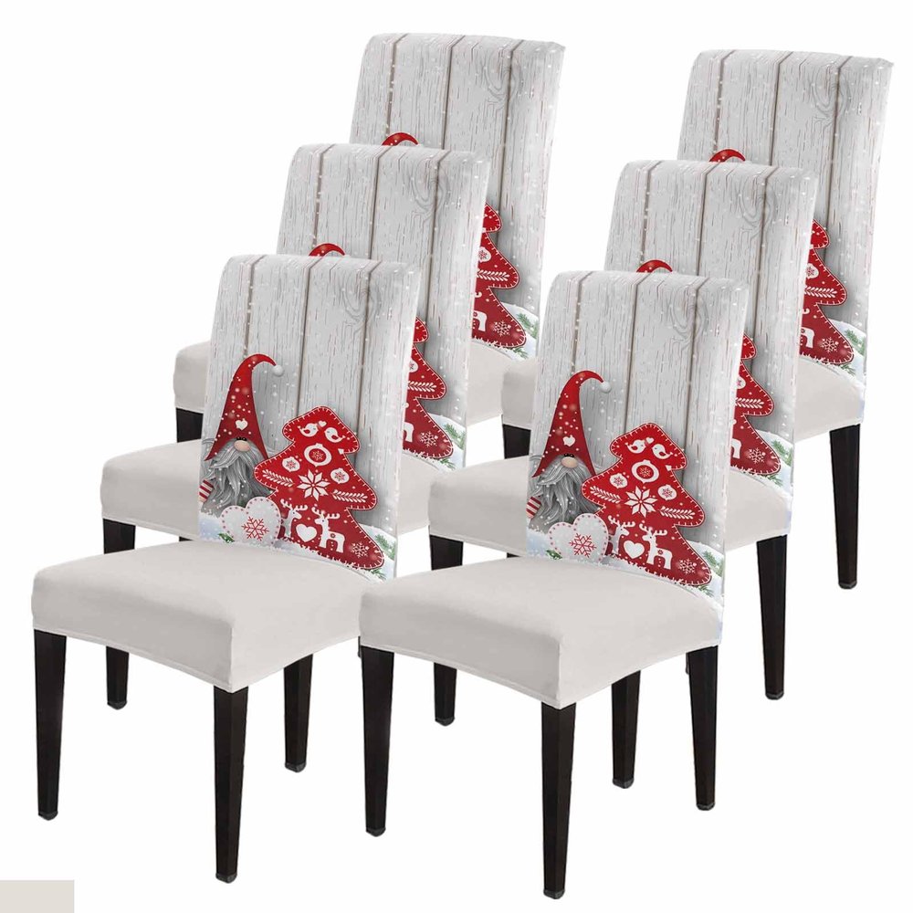 Dining Chair Slipcover, Christmas Cartoon Gnome Red Tree Wood Grain Board Winter Decoration Stretch Kitchen Chair Covers Removable Parsons Chair Protector Covers for Dining Room Party, Set of 6