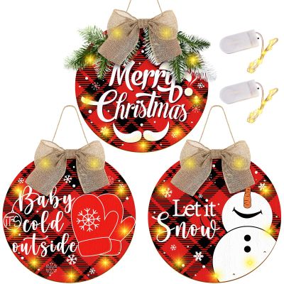 Bucherry 3 Pcs Lighted Christmas Sign for Front Door, Buffalo Plaid Xmas Wreath 12 Inch Wooden Wall Hanging Decor for Indoor Outdoor Winter Holiday Rustic Farmhouse Windows(Merry Christmas)