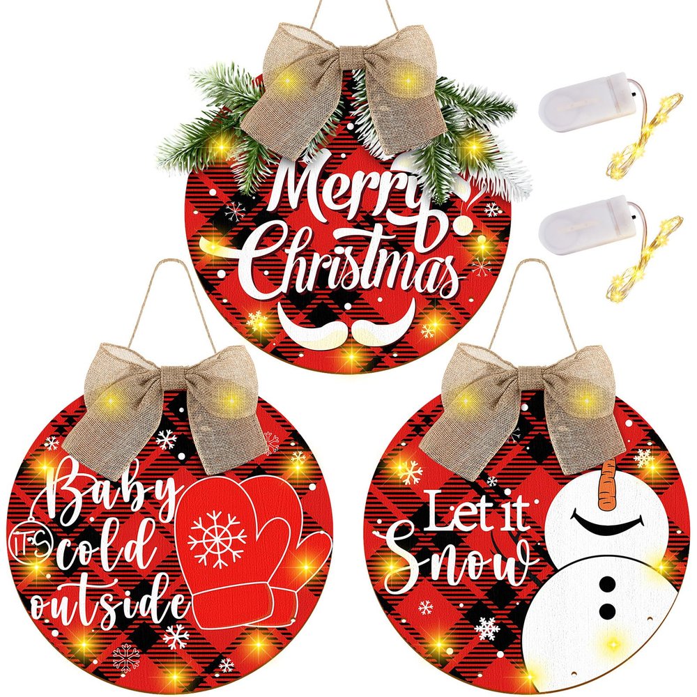 Bucherry 3 Pcs Lighted Christmas Sign for Front Door, Buffalo Plaid Xmas Wreath 12 Inch Wooden Wall Hanging Decor for Indoor Outdoor Winter Holiday Rustic Farmhouse Windows(Merry Christmas)