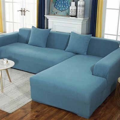 2 Piece Spandex Non Slip Sectional Couch Cover Super Stretch L Shape Sofa Cover Softness Sectional Sofa Cover Great for Kids & Pets -blue-2-4 Seater+4 Seater