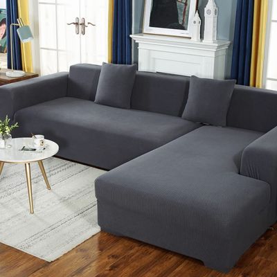 2 Piece Spandex Non Slip Sectional Couch Cover Super Stretch L Shape Sofa Cover Softness Sectional Sofa Cover Great for Kids & Pets -grey-2-2 Seater+3 Seater