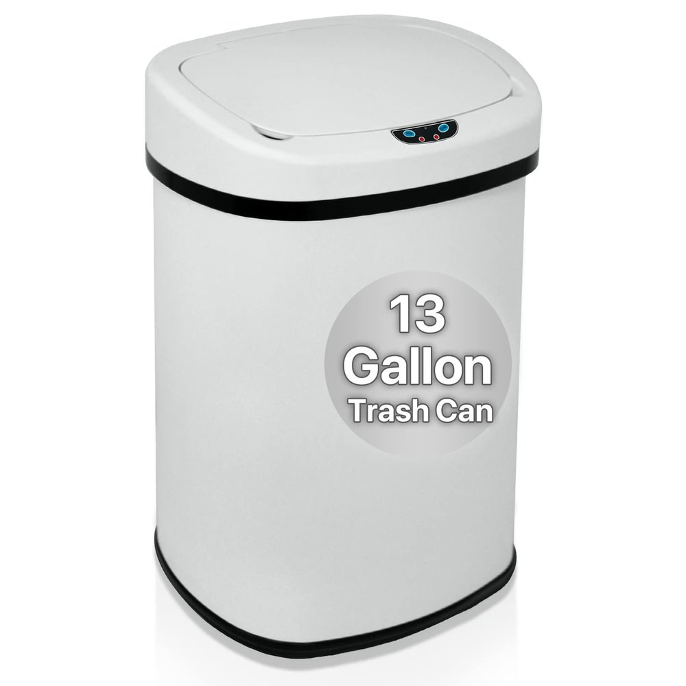 Dkelincs 13 Gallon Kitchen Trash Can Garbage Can with Lid Automatic Touch Free Stainless Steel Trash Can for Home Office Living Room Bedroom, 50 Liter White