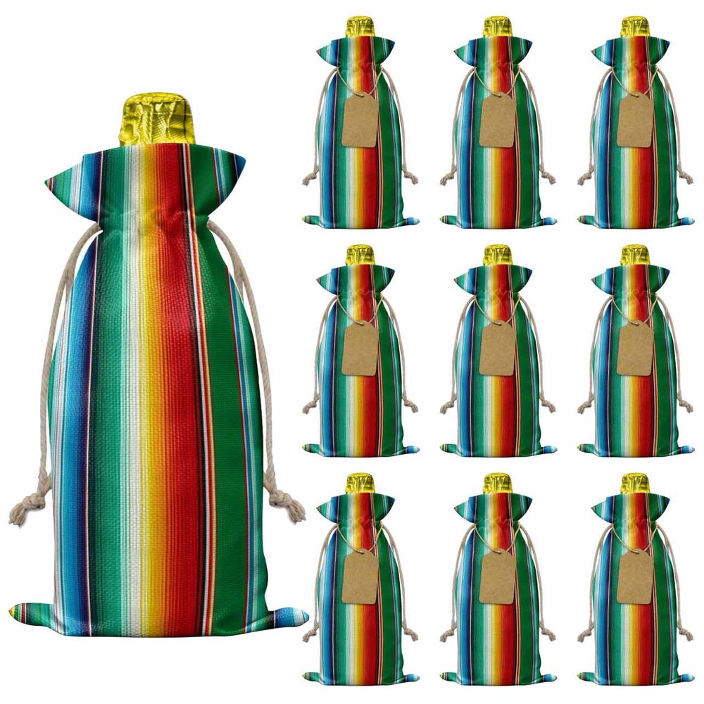10 Pack Wine Bottle Bags, Mexican Serape Colorful Stripes Wine Bottle Cover with Drawstring, Rainbow Parallel Lines Gift Bag for Champagne, Wedding, Birthday, Party