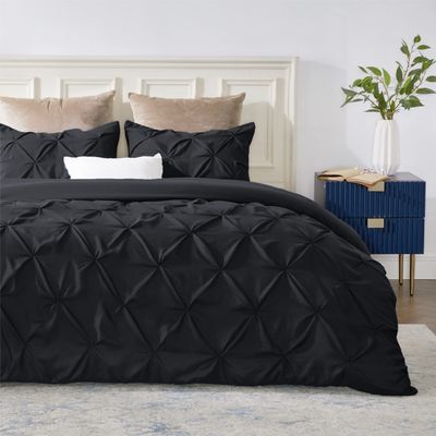 All Star Linen Duvet Cover Eastern King 118x108 Pinch Pleated Black Duvet Cover Set with Zipper Closure Microfiber Pintuck Cotton 3 Piece Duvet Cover