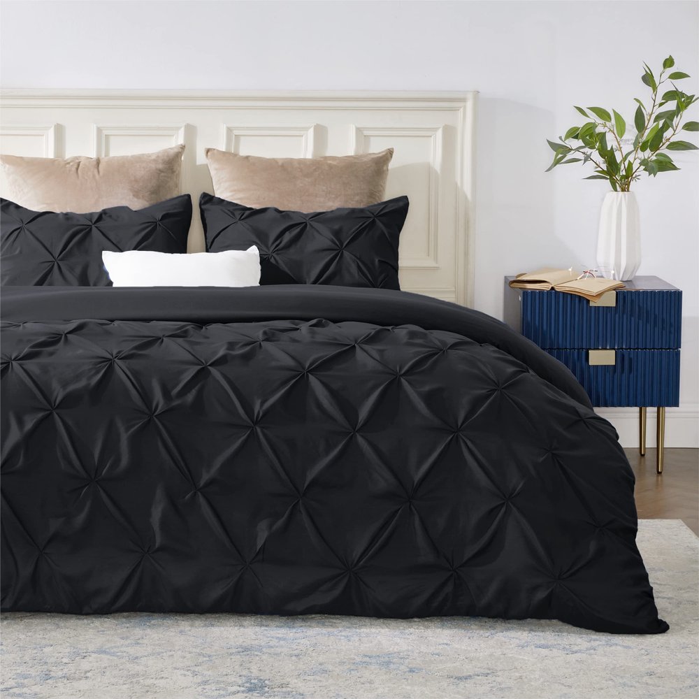 All Star Linen Duvet Cover Eastern King 118x108 Pinch Pleated Black Duvet Cover Set with Zipper Closure Microfiber Pintuck Cotton 3 Piece Duvet Cover