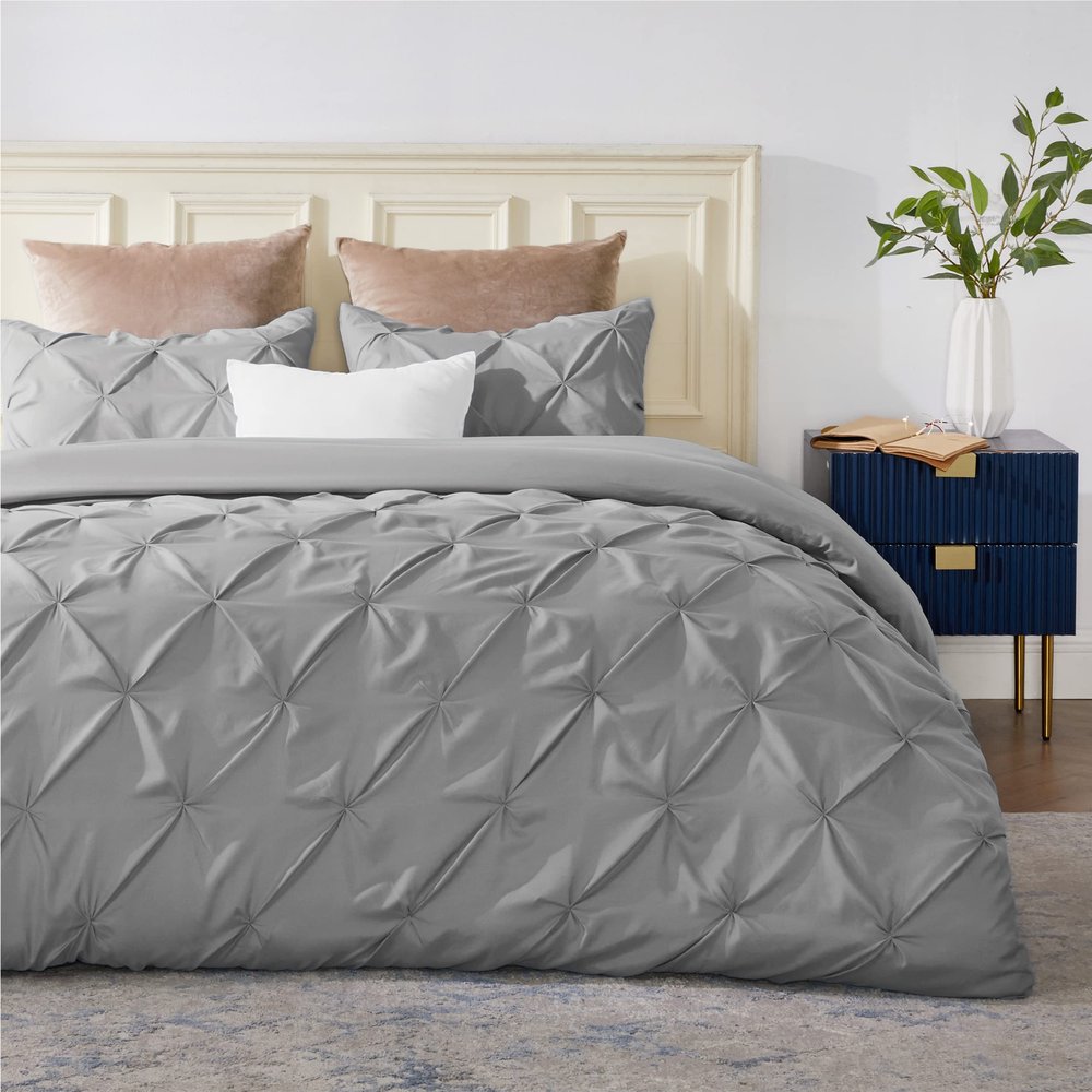 All Star Linen Duvet Cover Twin/Twin XL 68x90 Pinch Pleated Light Blue Duvet Cover Set with Zipper Closure Microfiber Pintuck Cotton 5 Piece Duvet Cover
