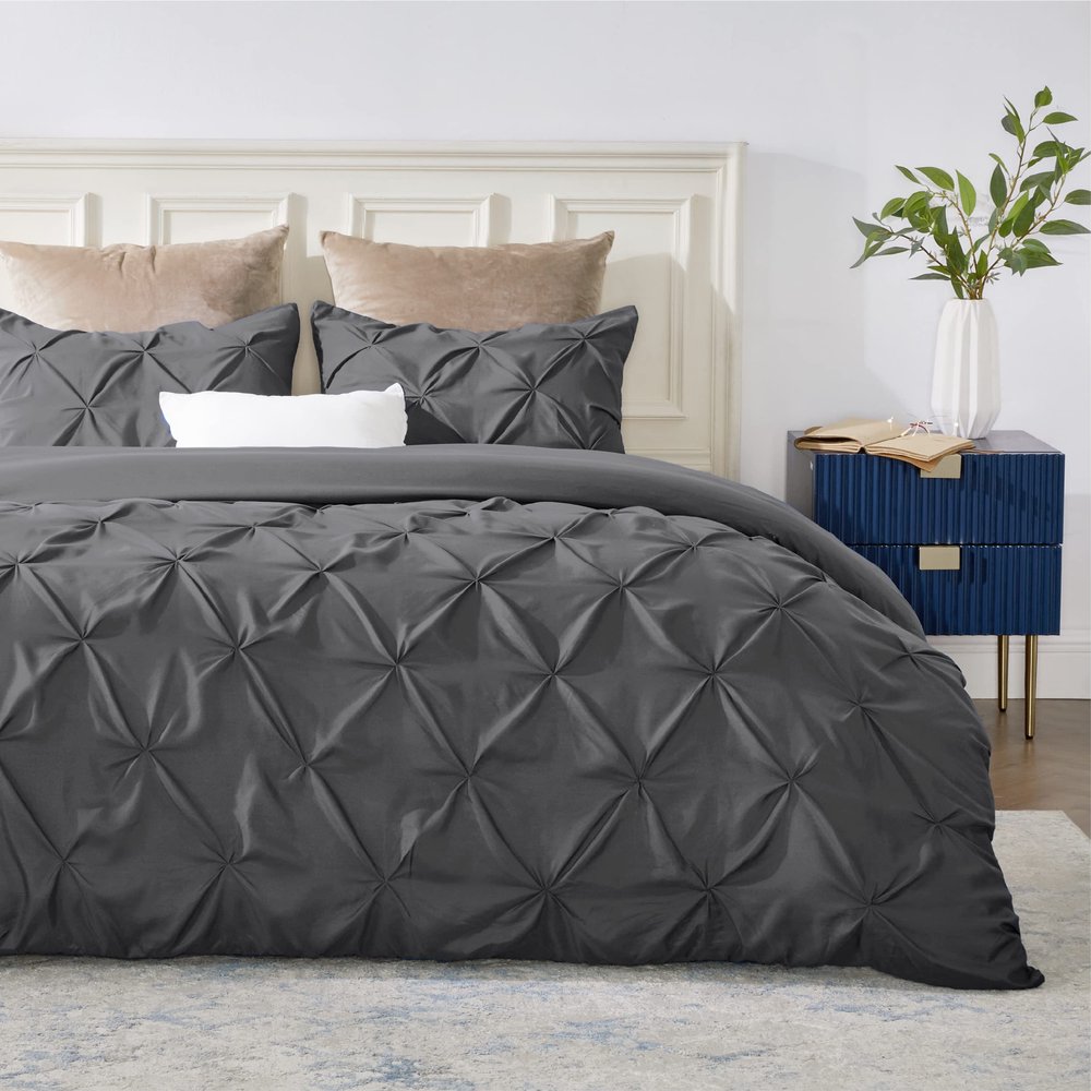 All Star Linen Duvet Cover Eastern King 118x108 Pinch Pleated Dark Grey Duvet Cover Set with Zipper Closure Microfiber Pintuck Cotton 3 Piece Duvet Cover