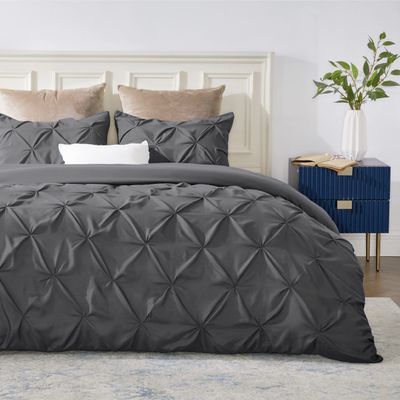 All Star Linen Duvet Cover Palatial King 120x98 Pinch Pleated Dark Grey Duvet Cover Set with Zipper Closure Microfiber Pintuck Cotton 3 Piece Duvet Cover