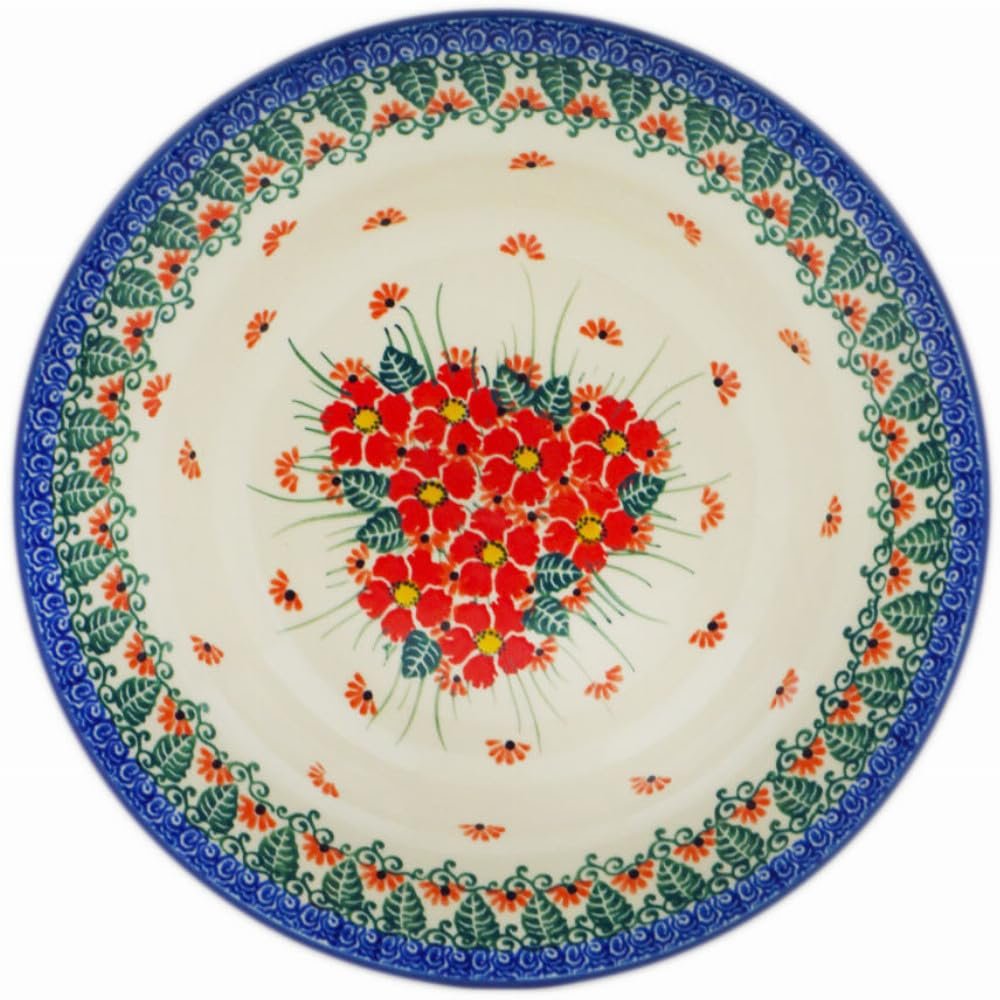 Polmedia Polish Pottery Pasta Bowl 9-inch UNIKAT - Pink Forget Me Not Pattern Handmade in Boleslawiec Poland by Ceramika Artystyczna + Certificate of Authenticity
