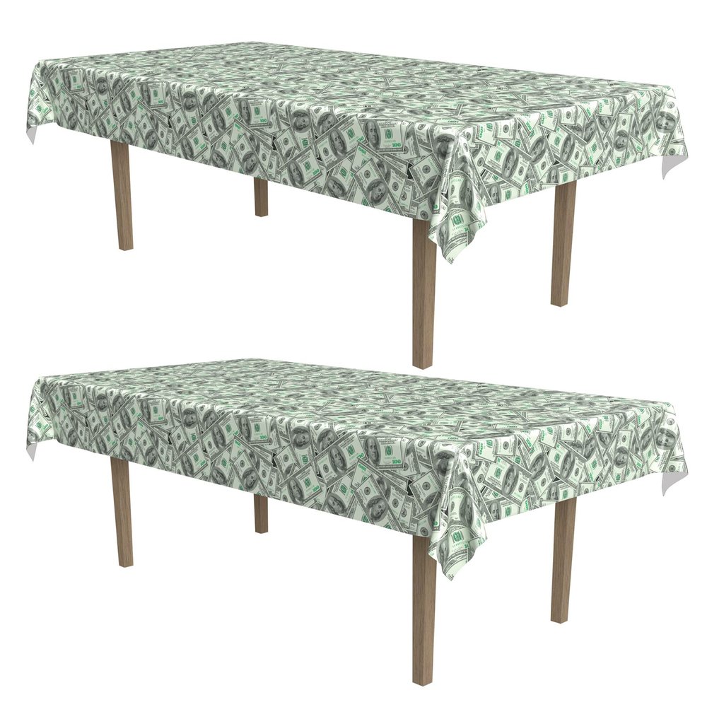 Beistle Big Bucks Tablecovers, 54 x 108, 2 Pieces Plastic Table Cloth, Casino Theme Party Decorations, Casino Themed Party Supplies, Money Party Decorations, Dollar Bill Table Cloth