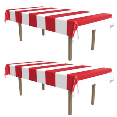 Beistle Red & White Stripes Tablecovers, 54 x 108, 2 Pieces Plastic Table Cloth, Carnival Theme Party Decorations, Circus Decorations, Carnival Table Cloths, Independence Day