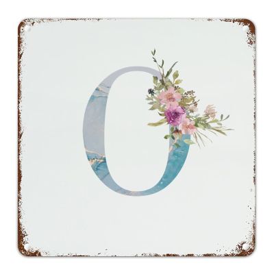 Blue Watercolor Marble Floral Monogram Alphabet Letter O Vintage Tin Sign 12x12 inch Hanging Wall Letter Sign Metal Alphabet Wall Letter for Home, Bedroom, Bar, Wall Decor