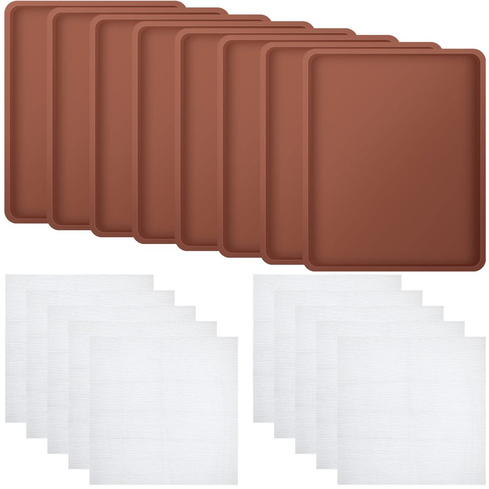8 Pcs Silicone Dehydrator Mats 10 Pcs Mesh Screen Dehydrator Sheets Nonstick Reusable Fruit Dryer Trays for Jerky Fruit Herbs Flax Crackers Crust Tray