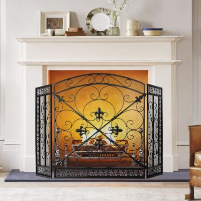 BEAMNOVA 52.4 x 30.7 in Black Fireplace Screen, Heraldic Lily, 3-Panel Freestanding Folding Spark Guard Mesh, Heavy-Duty Decorative Fire Screen for Indoor Fireplaces Outdoor Fire Pits