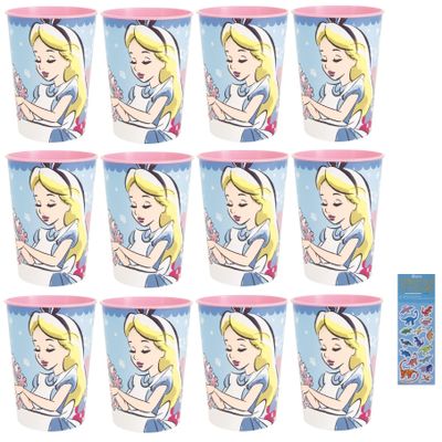 Alice in the Wonderland Birthday Party Supplies Bundle Pack includes 12 Plastic Reusable Cups and 1 Dinosaur Sticker Sheet