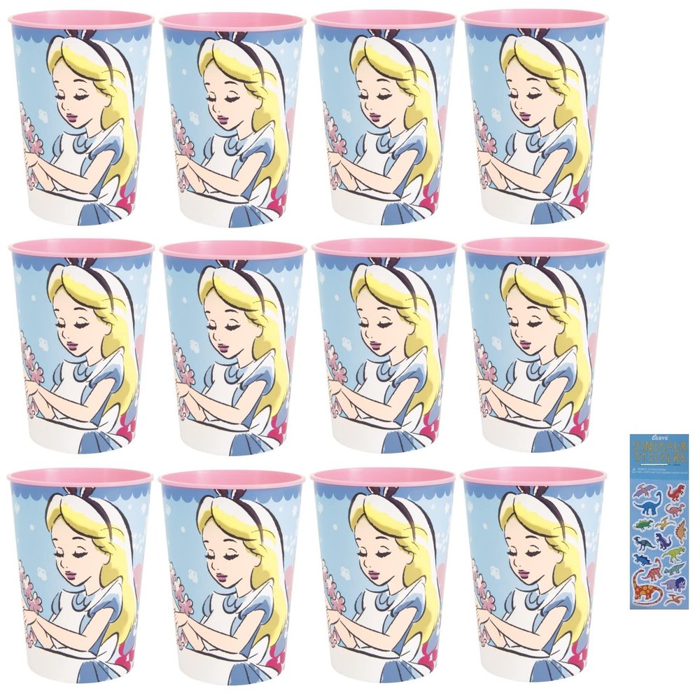 Alice in the Wonderland Birthday Party Supplies Bundle Pack includes 12 Plastic Reusable Cups and 1 Dinosaur Sticker Sheet
